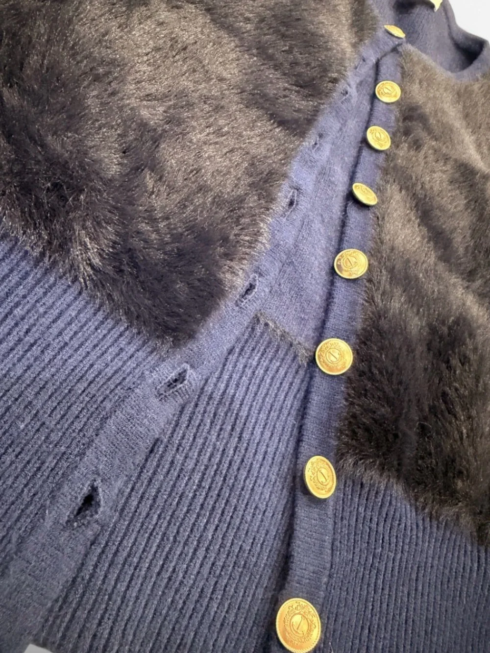 J.Crew $178 Fitted-Waist Fuzzy Yarn Cardigan Navy Gold Buttons Size S